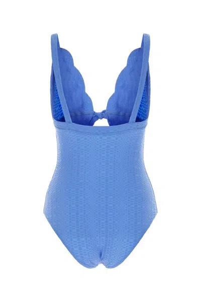 Lisa Marie Fernandez Scallop Bow Swimsuit In Stretch Seersucker In Blue