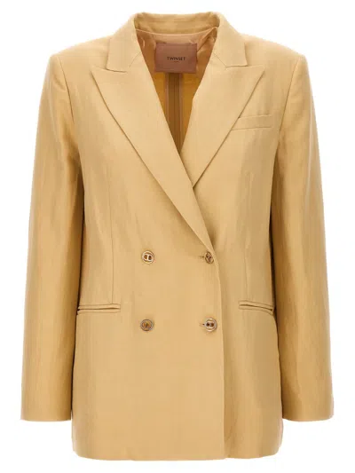 Shop Twinset Double-breasted Blazer In Beige