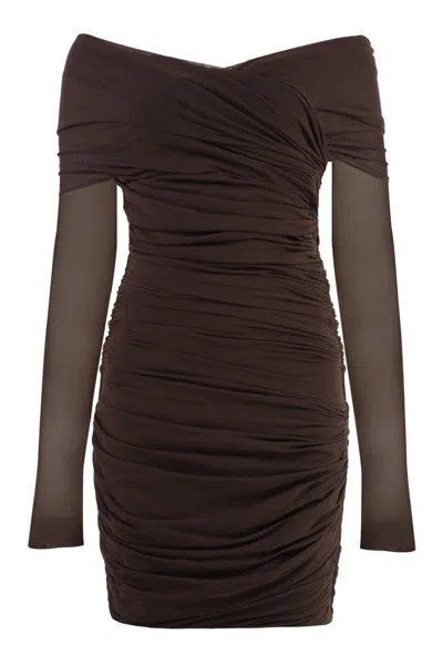 Philosophy Di Lorenzo Serafini Elegant Draped Mini Dress With Removable Sleeves In Brown