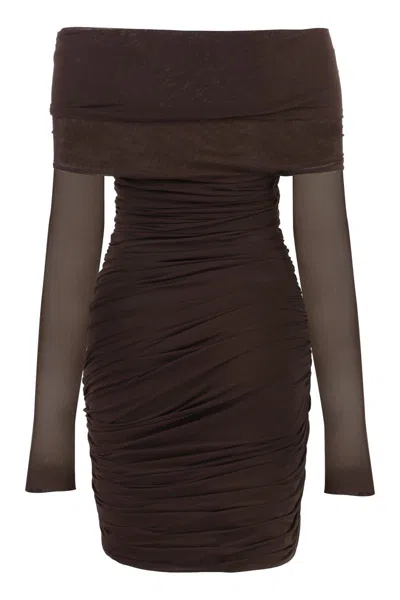 Philosophy Di Lorenzo Serafini Elegant Draped Mini Dress With Removable Sleeves In Brown