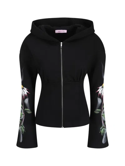 Maccapani Fleeced Cotton Sweatshirt With Floral Patterned Sleeves In Black