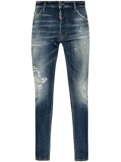Dsquared2 Cool Guy Blue Five-pocket Jeans With Logo Patch In Stretch Cotton Denim Man In Navy Blue