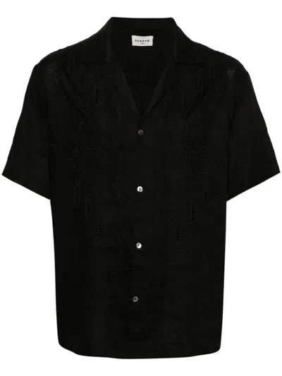 P.a.r.o.s.h Linen Shirt With Floral Embroidery And Cuban Collar In Black