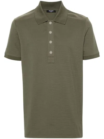 Balmain Jacquard Patterned Cotton Blend Polo Shirt In Brown