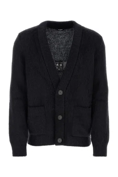 Balmain Cardigan In Wool Blend With Jacquard Logo In Noirblanc