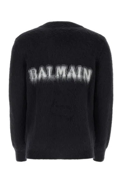 Balmain Cardigan In Wool Blend With Jacquard Logo In Noirblanc