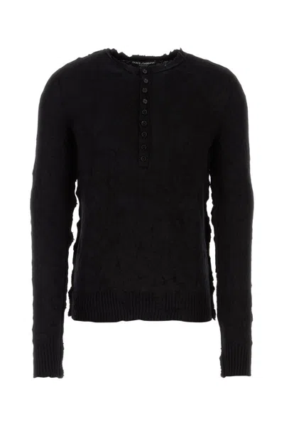Dolce & Gabbana Grandad Neck Top In Virgin Wool In Black