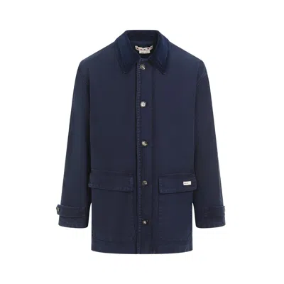 Marni Single-breasted Coat With Corduroy Collar And Relaxed Fit In Blue