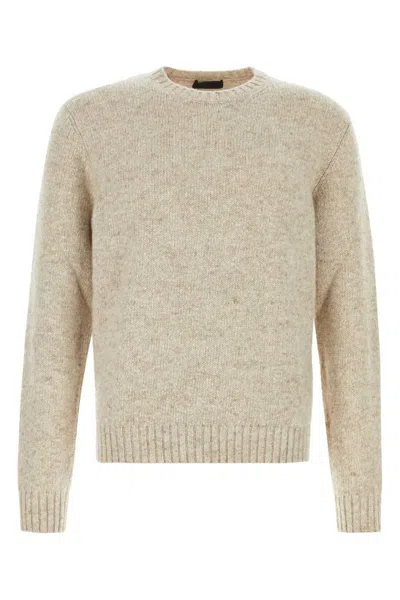 Prada Crew Neck Cashmere Sweater With Elbow Patches In Beige O Tan