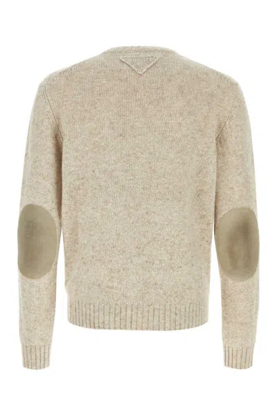 Prada Crew Neck Cashmere Sweater With Elbow Patches In Beige O Tan