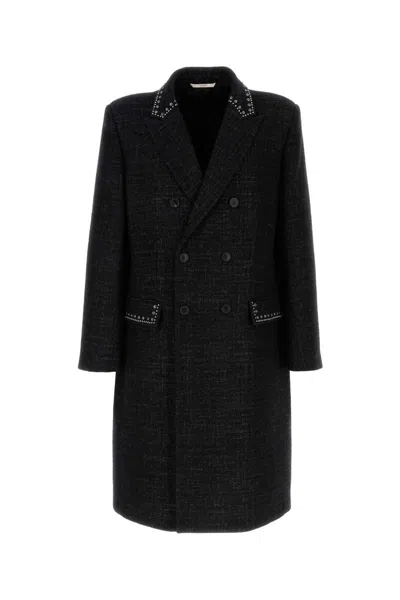 Valentino Double-breasted Wool Coat With Cabochons In Black