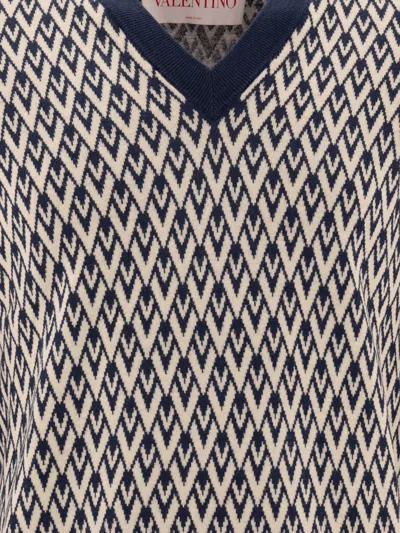 Valentino Geometric Zigzag Knitwear With V-neck Design In Blue