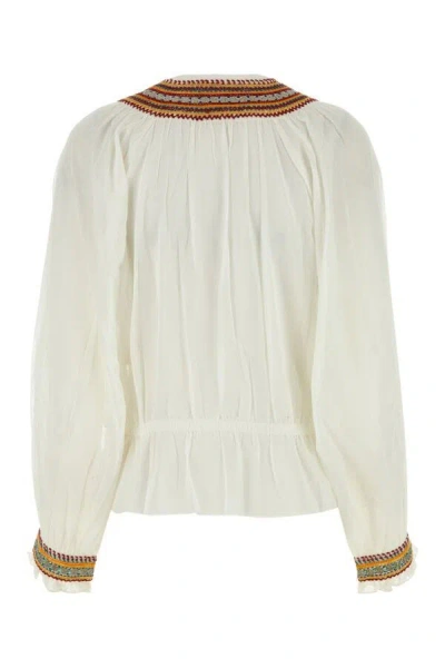 Bode Cotton Blouse With Embroidered Neckline And Gathered Cuffs In White