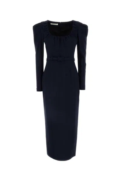 Alessandra Rich Crepe Dress With Belt And Shoulder Pads In Blue