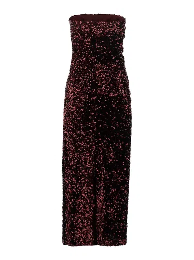 Plain Bordeaux Bustier Dress With All-over Sequins In Tech Fabric Woman In Red