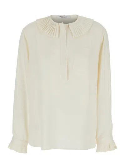 Philosophy Di Lorenzo Serafini White Oversized Shirt With Ruffles On Collar And Cuffs In Tech Fabric Woman Philosophy Di Lorenzo Se In White