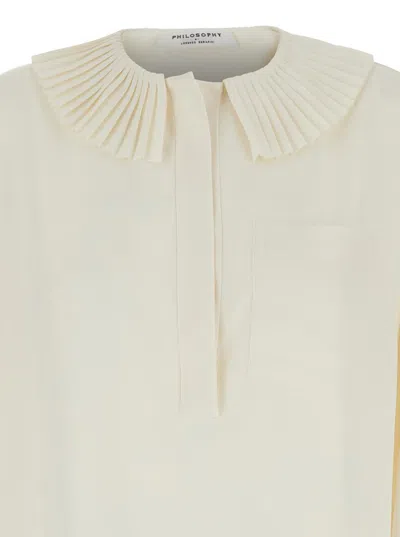 Philosophy Di Lorenzo Serafini White Oversized Shirt With Ruffles On Collar And Cuffs In Tech Fabric Woman Philosophy Di Lorenzo Se In White