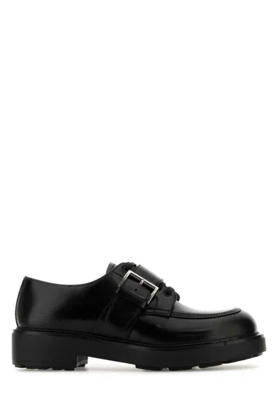 Prada Lace-up Block Heel Round Toe Shoes In Black