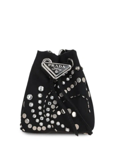 Shop Prada Logo-appliqué Studded Bucket Bag In Black