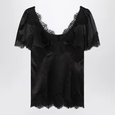 Dolce & Gabbana Satin And Lace Short Sleeve Top In Black
