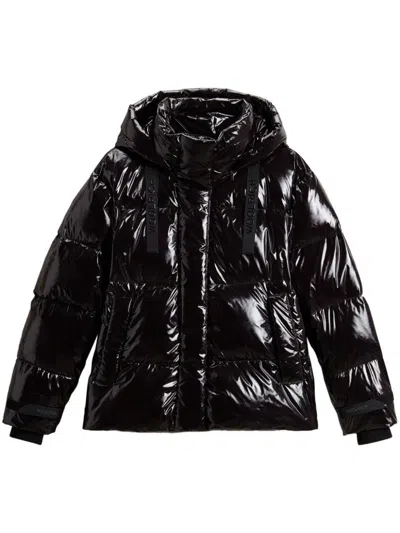 Woolrich Short Parka Glossy Hooded Front Pockets In Black
