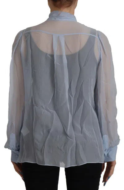 Dolce & Gabbana Light Blue Silk Ascot Collar Long Sleeves Blouse Top In Blue