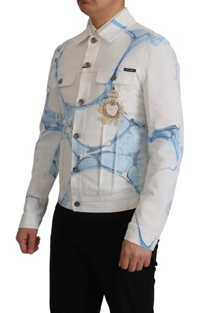 Dolce & Gabbana Multicolor Logo Embroidered Denim Jacket In White