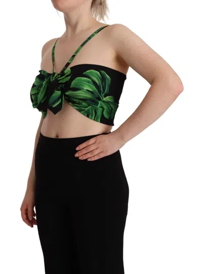 Dolce & Gabbana Elegant Leaf Print Halter Cropped Top In Black And Green