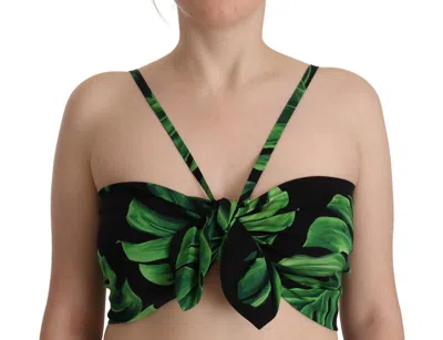 Dolce & Gabbana Elegant Leaf Print Halter Cropped Top In Black And Green