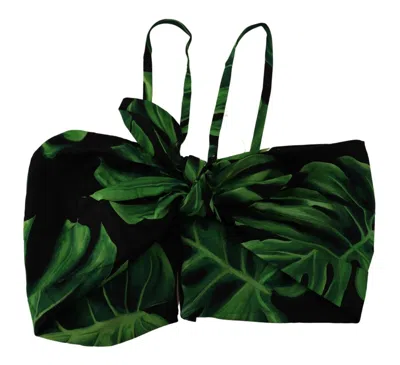 Dolce & Gabbana Elegant Leaf Print Halter Cropped Top In Black And Green