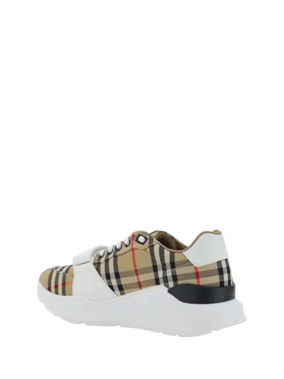 Burberry Beige And White Low Top Sneakers With Vintage Check Print And Rubber Sole In Canvas And Leather Man In Multicolor