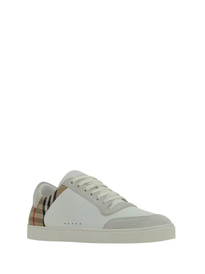 Burberry Men Stevie Leather And Check Canvas Sneakers In Multicolor