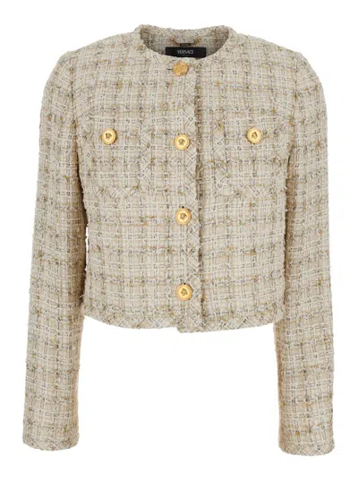 Versace Long Sleeves Tweed Blazer With Front Pockets In Beige