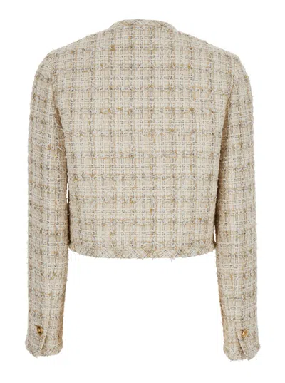 Versace Long Sleeves Tweed Blazer With Front Pockets In Beige