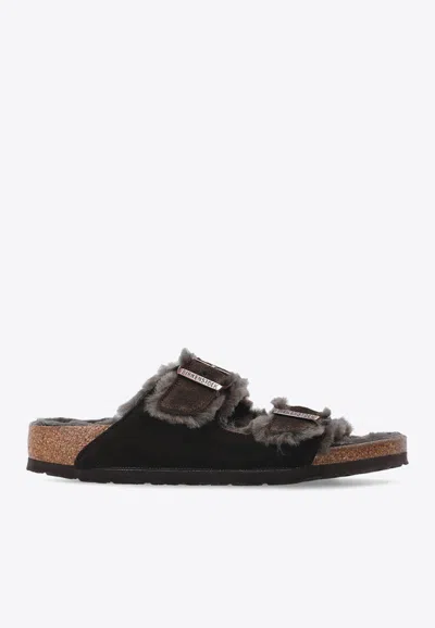 Birkenstock Arizona Two-strap Shearling Slides In Brown