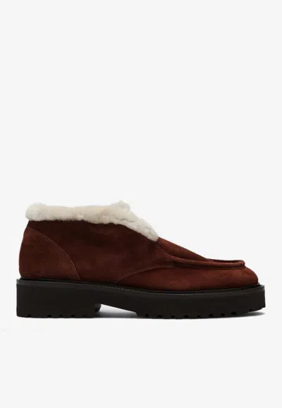 Doucal's Suede Moccasin With Fur In Brown