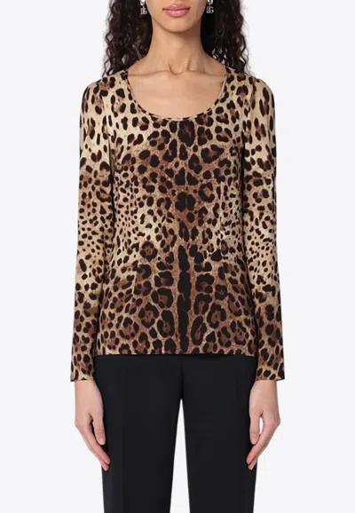 Dolce & Gabbana Leopard Print Silk Blend Long Sleeve Top In Brown
