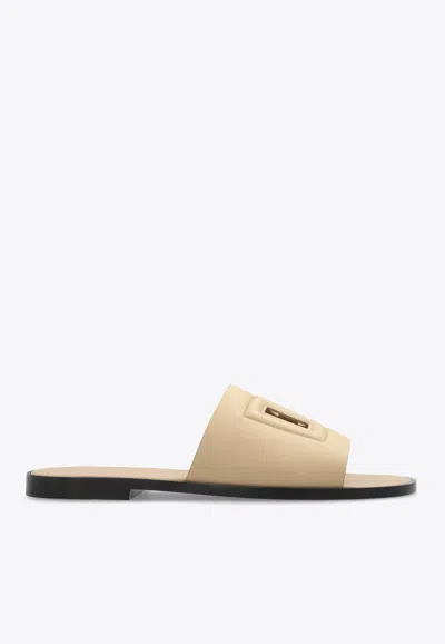 Dolce & Gabbana Dg Logo Calf Leather Slides In Beige
