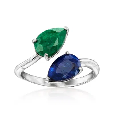 Ross-simons Sapphire And . Emerald Toi Et Moi Ring In Sterling Silver In Blue