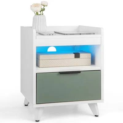 Hivvago Modern Nightstand With Led Lights Sliding Drawer And Open Compartment-white