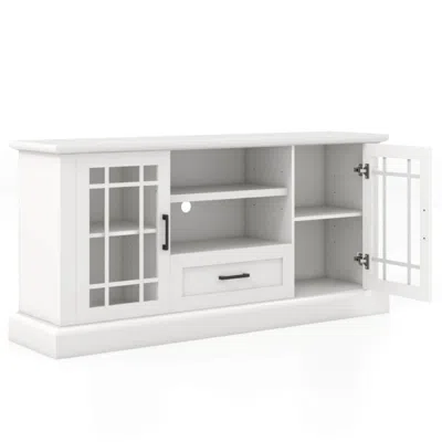 Hivvago Tv Stand For Tvs Up To 70 With Glass Doors Cubbies And Drawer-white