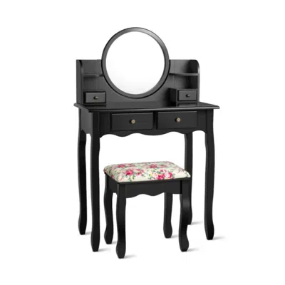 Hivvago Makeup Vanity Table Set Girls Dressing Table With Drawers Oval Mirror-black