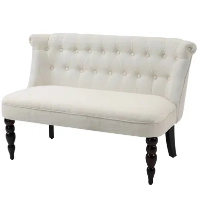 Quikfurn Scandinavian 2 Seater Button Tufted Loveseat Wooden Legs Cream White Linen