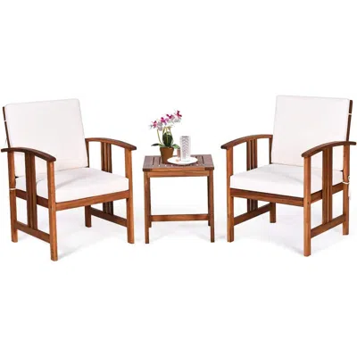 Quikfurn 3-piece Solid Wood Outdoor Patio Furniture Table Chairs Set With White Cushions