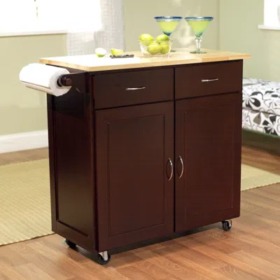 Quikfurn 43-inch W Portable Kitchen Island Cart With Natural Wood Top In Espresso