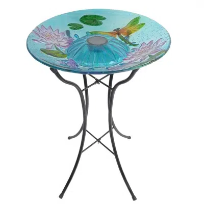 Quikfurn Outdoor Glass Bowl Bird Bath With Black Metal Stand And Solar Powered Light