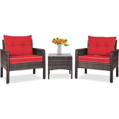 Quikfurn 3-piece Brown Pe Rattan Outdoor Dining Patio Furniture Set With Red Cushions