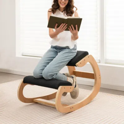 Hivvago Wooden Rocking Chair With Comfortable Padded Seat Cushion And Knee Support-black