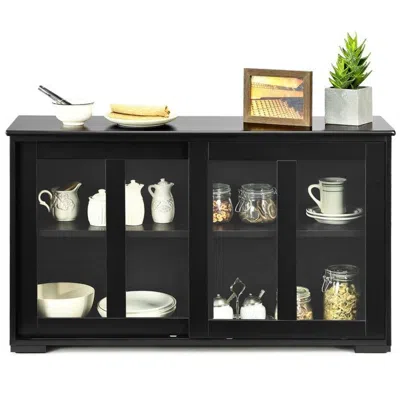 Quikfurn Black Wood Buffet Kitchen Dining Sideboard Storage Cabinet W/ Glass Sliding Door