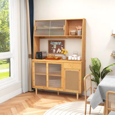 Hivvago 69 Inch Wine Bar Kitchen Cabinet With Sliding Tempered Glass And Rattan Door-natural